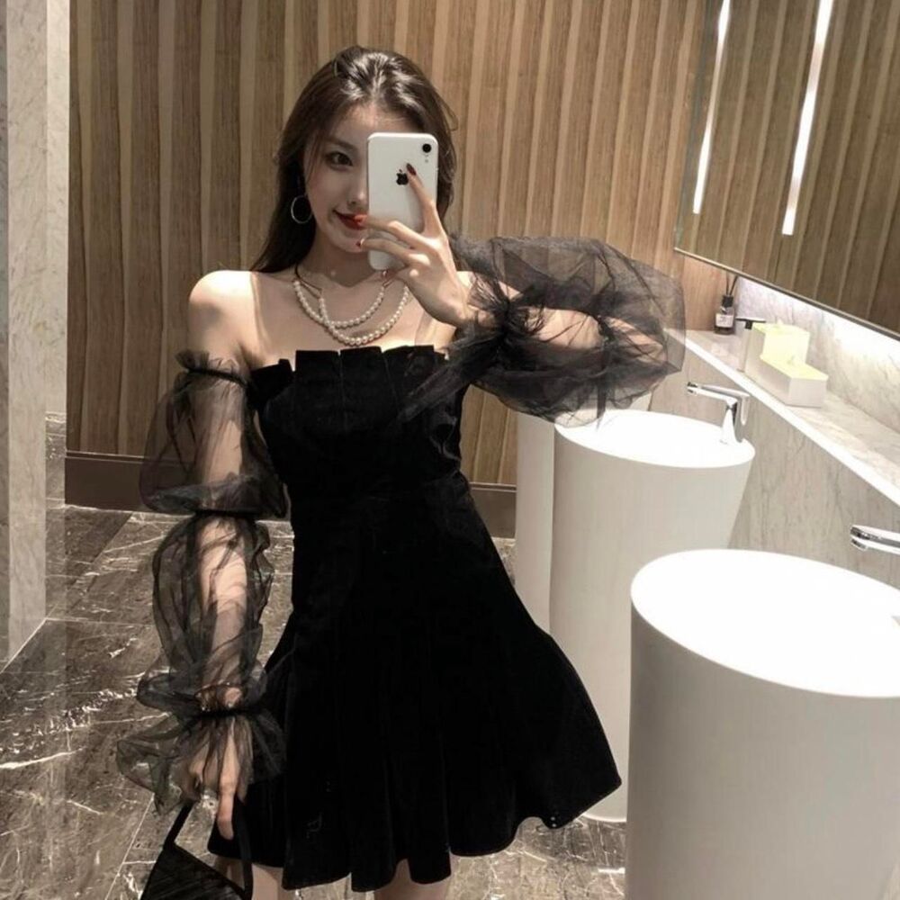 Black Dress with Sheer Off the Shoulder Sleeves - Picture 3 of 5